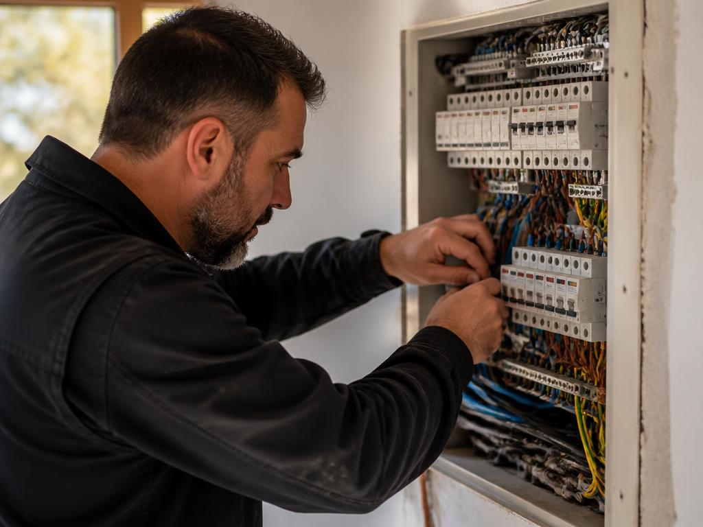 Elektriker arbeitet konzentriert an einem Verteilerkasten